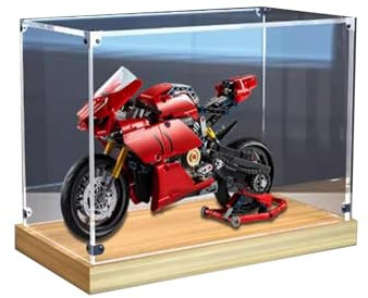 Acryl-Vitrine für Lego 42107 Motorrad-Modell, staubdichte transparente Sammlervitrine (nur Displaybox) (Goldene Eichenbasis)