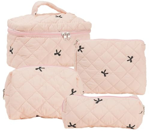 JUCHRZEY 4 Stück Reise Kosmetiktasche Gesteppte Kulturtasche mit bestickte Schleife Gesteppte Kosmetiktasche for Damen