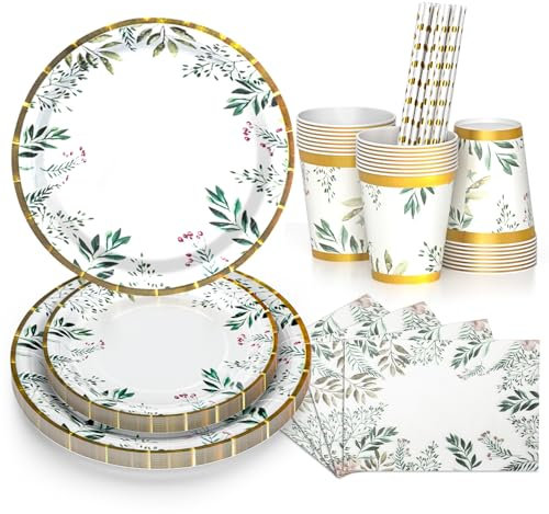 DN DENNOV Set di piatti di carta verde salvia da 80 pezzi contiene piatti di carta per il piatto principale, piatti contorni, bicchieri, cannucce e tovaglioli adatti per 16 persone