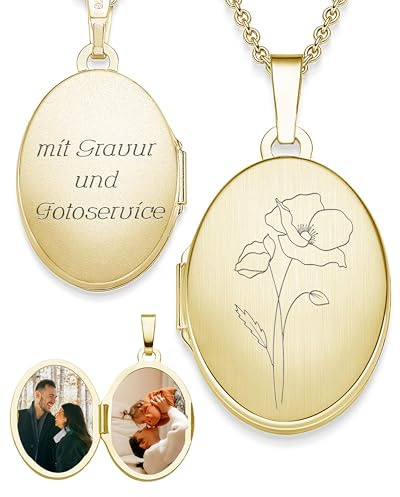 Amoonìc Damen Medaillon mit Geburtsblume oval Silber 925 / Gold vergoldet | Kette zum Öffnen für Bilder personalisiert mit Geburtsblumen Gravur, Geschenk Geburtstag