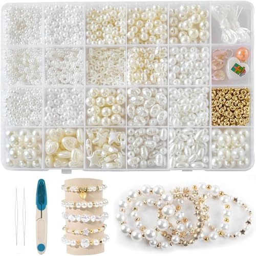 WiDream Weiße Perlen Set, Armbänder Selber Machen, Perlen zum Auffädeln, Armband Set Selber Machen, Geschenke für Mädchen, Charm Kit für DIY Armband Schmuckherstellung, Kunststoff, Weiß, 1 Stück
