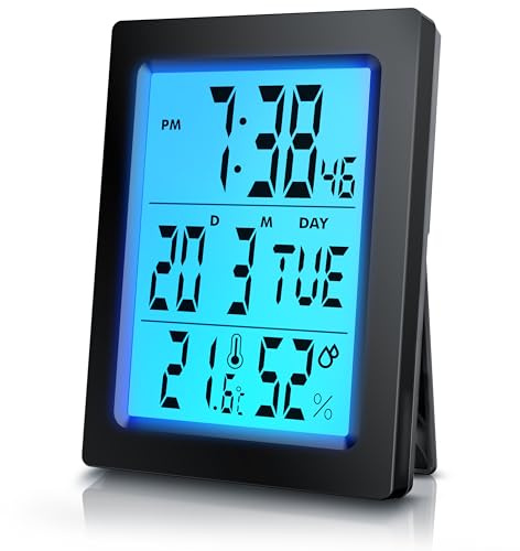 Digital Alarm Clock for Bedrooms, Bedside Clock with 3,5 (9cm) LCD Display Backlight, Thermometer Indoor Temperature Humidity, Snooze Clock, Date and Day, silent alarm clock for Office Kids Elder
