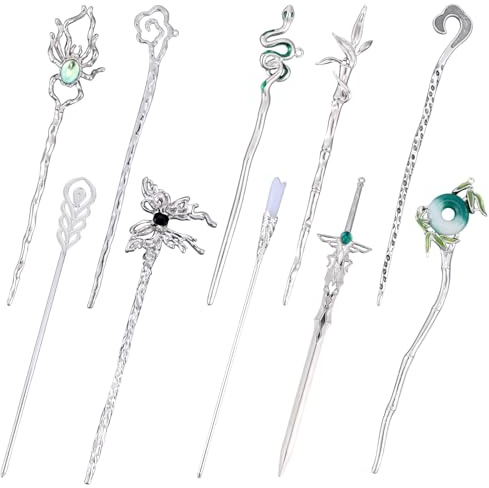 Mikovivi 10 Stück Chinesische Haarstäbe, Silbernes Metall Dekorative Hanfu-Haarnadeln Schlange Schmetterling Blume Jadestein Vintage Haarstäbchen Asiatische Japanische Frisuren Accessoires für Frauen