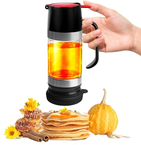 PORFOYO Honigspender Glas, 300ml Honigspender Tropffrei Glas,Tropffrei, Tropfsicherer Mit Halterung, Sirup Spender Ideal Für Honig Und Sirup, Sojasauce Andere (Schwarz