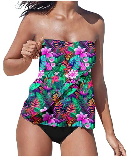 Bandeau Swimsuits for Women UK Two Piece Tankini Set Strapless Top with Swim Briefs Swimming Costume Tummy Control Bathing Suit Vintage Floral Swimwear Bikini Sets Tankinis