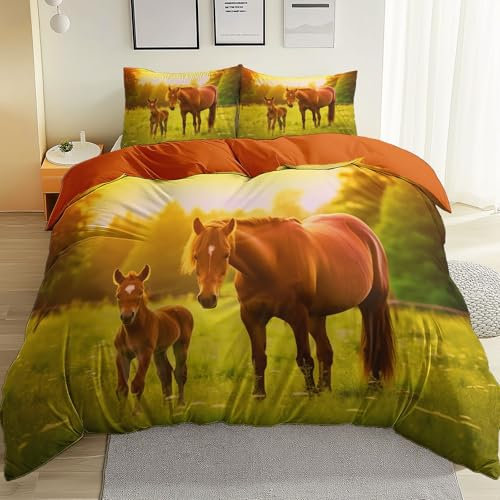 Bettwäsche Set Landtiere Pferde Braun Grün 3-Teiliges Microfaser Bettbezug Mit Reißverschluss Und 2 Kissenbezüge 80X80 cm, Bügelfrei & Weich 220 cm X 240 cm