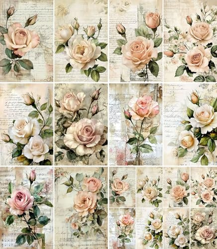 Papel de arroz con rosas beige, 20 x 26.5 cm (6 hojas) – 6 papeles de decoupage para collage, técnica mixta, fabricación de tarjetas y manualidades, decoupage de CRAFT KREATIVELY