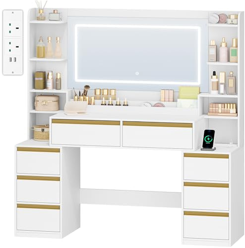 HEXCELEN 135 cm Dressing Table with Mirror, Vanity Desk, Adjustable 3-Colour LED Lights, Dressing Table with Plug, Hairdryer Holder, 8 Drawers, Open Storage Spaces, Modern, White-Gold
