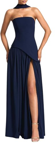 Vestido Largo sin Tirantes para Mujer, de satén Fruncido, para Fiesta de graduación, Boda, con Bufanda