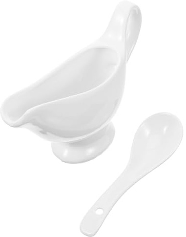FONDOTIN Ceramic Gravy Boat with Deep Spoon 175ml Porcelain Sauce Dispenser Set for Dining Table Coffee Milk Pitcher Suitable for Serving Sauces and Condiments