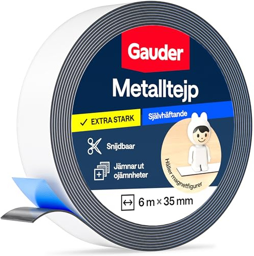 GAUDER Självhäftande metallband - Magnetisk hållarband för Tonie®-figurer & hyllor - Järnband & ferromagnetiskt band för pyssel och organisering (6 m x 35 mm - vit)