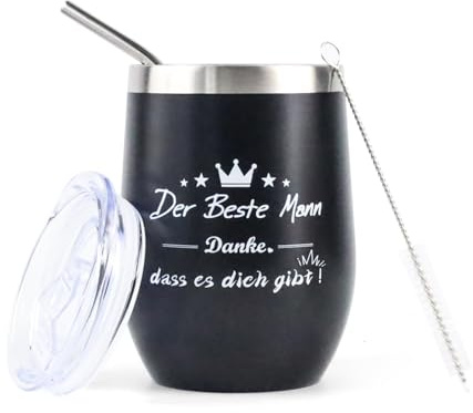 QUTHZZHY Weinbecher Geschenke für Beste Männer, Männer Valentinstag Geschenke Valentinstag, Edelstahl Weinbecher mit Deckel Strohhalm, Vakuumisoliert Thermobecher, für Wein, Kaffee, Champagner