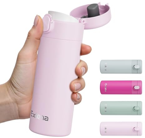 Exllena Kleine Thermosflasche 380ml mit Einhand-Flip-Deckel - Mini Thermosflasche aus Edelstahl, 100% Auslaufsicher, perfekte kleine Trinkflasche für Kaffee, Milch...(Rosa)