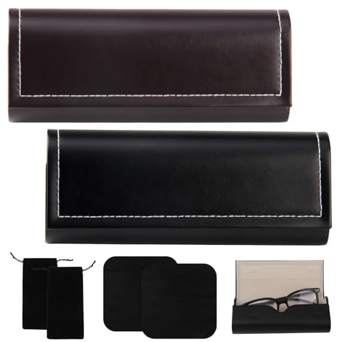 Sunyunze 2 Pièces Etui Lunettes Rigide Universel Portable Boîte à Lunettes en Cuir PU Anti Chute avec Chiffon de Nettoyage et un Sac de Rangement pour Homme et Femme