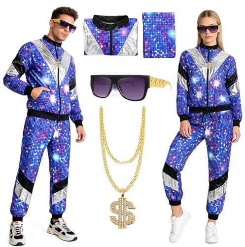 80s 90s Outfit Herren Damen, 80s 90s Kostüm Trainingsanzug mit Jacke Hose Halsketten und Brille, Retro Style Jogginganzug Unisex, 80er Jahre Disco Kostüm, Bad Taste Outfit für Karneval Halloween (M)