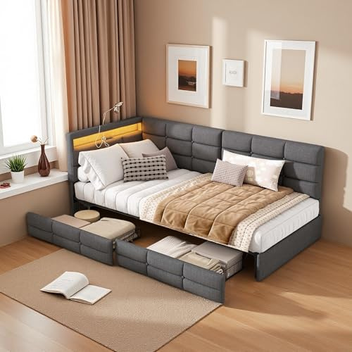 HFASD Schlafsofa 90x200 cm, Daybett Tagesbett mit LED-Beleuchtung und USB-Ladestation, Einzelbett Polsterbett mit 2 Schubladen, für Wohnzimmer, Schlafzimmer, Leinen, ohne Matratze (Grau, 90x200 cm)