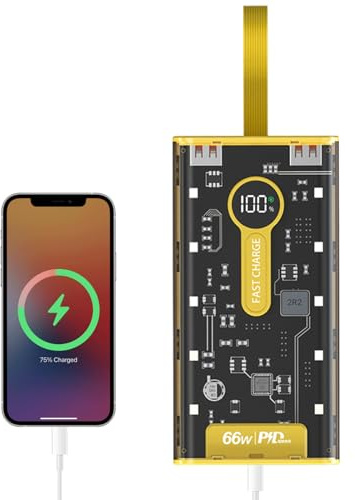 Banca di alimentazione a ricarica rapida – 20000 mAh 66 W Fast Charging Power Bank, batteria portatile | con luce LED, fornitura di ricarica trasparente per smartphone, tablet, cellulare, uso