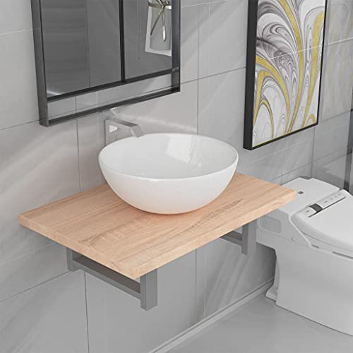Owoxanthellate Owox 60×40×16 cm Holz-Keramik Badmöbel-Set Eiche, weißes Aufsatzwaschbecken, modern, robust, für kleine Bäder/WC