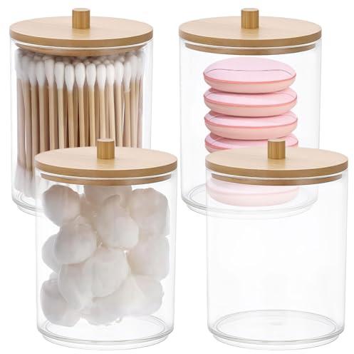 4PCS Cotton Bud Holder, Cotton Pad Holder Dressing Table Organiser, Clear Cylindrical Cotton Bud Dispenser with Circular Wooden Lid, Suitable Bathroom Decor Supplies and Dressing Table Accessories