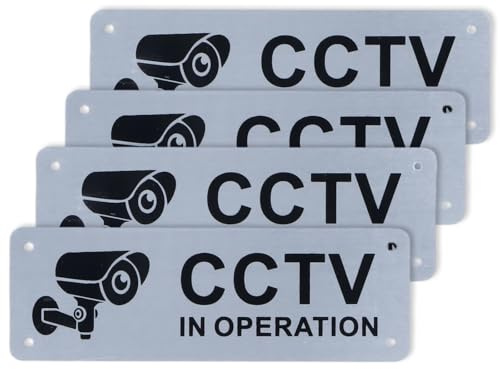 4 Pcs Aluminium CCTV in Operation Sign, Self-Adhesive Camera Signs, 15 x 5 cm CCTV Warning Signs, Durable & Waterproof Camera Warning Sign for Home, Office, Public Spaces