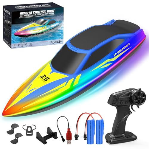 WUQNGI Barca Telecomandata Professionale con Telecomando 2.4GHz, Motoscafo Radiocomandato LED per Bambini e Adulti, RC Boat Barchetta Alta Velocità, 2 Batterie per 120 Min, Regalo per Piscine e Laghi