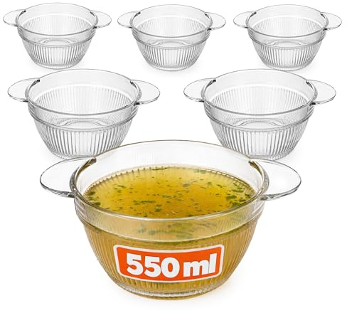 KADAX soppskålar 550 ml, set om 6, genomskinliga skålar för soppor, soppkoppar av glas, soppskålar, glasskålar med handtag, diskmaskinssäker