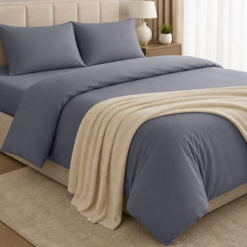 BEDIO Grey (4 Piece) King Bedding Set - Duvet Cover, Fitted Sheet with 2 Pillow cases - Soft Brushed Microfiber Set