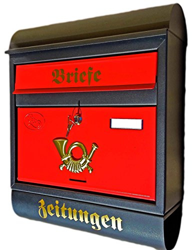 Großer Briefkasten/Postkasten XXL Schwarz Matt/Rot mit Zeitungsrolle Zeitungsfach Runddach