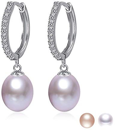 Kim Johanson Damen Perlenohrringe *Nora* aus 925 Sterling Silber mit echten Süßwasser Perlen in Weiß, Rosa oder Lila & Zirkonia Steinchen besetzt Ohrhänger inkl. Schmuckbeutel