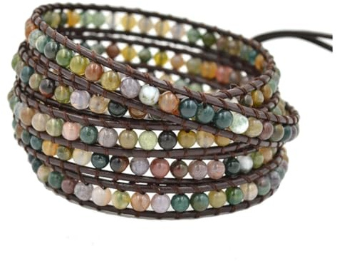 YGLINE Handmade Leather Wrap Bracelet Agate Wrap Adjustable Bead Bracelet