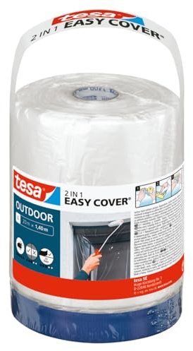 tesa Easy Cover Outdoor L - Film de Masquage 2-en-1 avec Ruban Toilé - Pour Masquer et Couvrir lors de Travaux de Peinture en Extérieur - 20 m x 1,4 cm