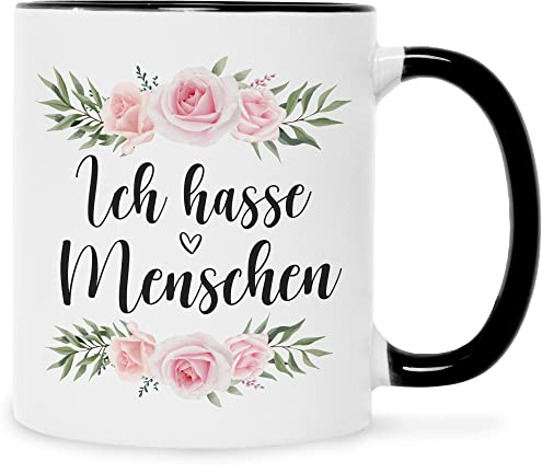GRAVURZEILE Tasse mit Spruch - Ich hasse Menschen - Lustiges Geschenk für Freunde - Geschenk für Frauen & Männer - Geschenk für Sie & Ihn - Kaffeetasse Kaffeebecher Teetasse - Farbe: Schwarz & Weiß