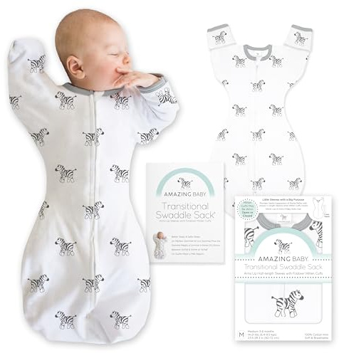 Amazing Baby Übergangs-Pucksack Baby, Pucktuch & Puckschlafsack für Neugeborene mit Arme-nach-Oben-Design, halblangen Ärmeln & Fäustling-Bündchen, S, 0-3 Monate, Little Zebra