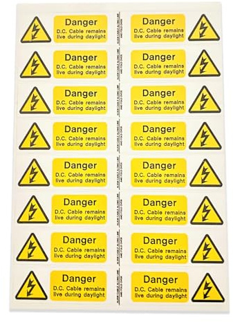 iSigns DC Cable Live Warning Labels - Pack of 32 Self-Adhesive Electrical Labels, 150x25mm, Over-Laminated, British HSE Standards Approved