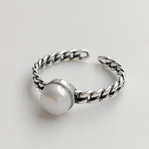 HGJH Verstellbarer Ring, S925 Sterling Silber Perlenring Verstellbare Ringe Retro Offener Ring Silber Daumenring Ewigkeitsring Hochzeitscharme Schmuck Geschenke Für Männer Mädchen Damen