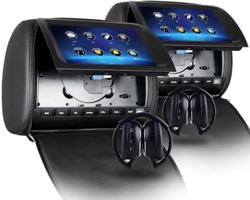 RoverOne 2 x 9'' Zipper Cover Car Headrest Monitor Auto DVD Video TFT LCD Player USB/SD/Game/Speaker+ 2 Headphones (Black Cover)