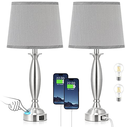 Seealle Touch Bedside Lamps for Nightstand Set of 2 - Bedroom Lamps with USB C+A, 3 Way Dimmable Nightstand Lamps, Brushed Nickel Table Lamps for Living Room (Bulbs Included)