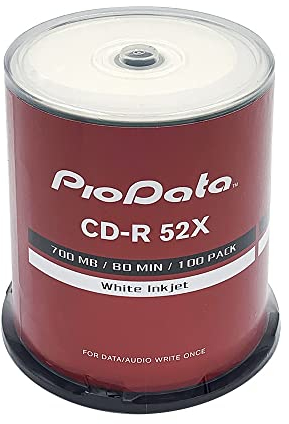 PioData CD-R 52 x 700 MB feuchtigkeitsbeständige weiße Tintenstrahldrucker-Spindel – 100 Scheiben Kuchenbox Spindel