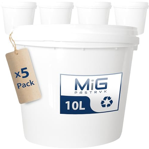 MIG Eimer Mit Deckel 10L Weiß - 5X 10 Liter Stapelbare Plastikeimer - Vielseitiger Baueimer für Haushalt und Industrie - Kleiner Kübel Geeignet für Hundefutter