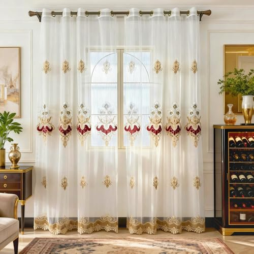Amidoudou 1 Pair European Luxury Embroidered Sheer Curtains for Living Room Bedroom Tulle Curtains (Beige and Red,51x84 Inch)