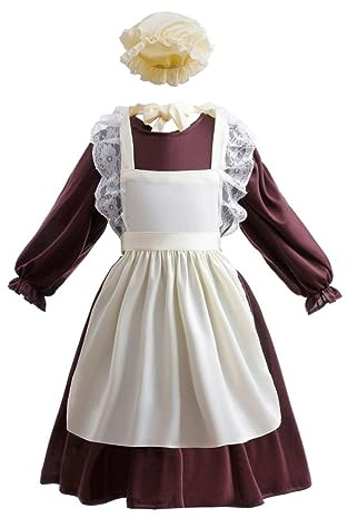 Lito Angels Vestito Costume Medievale Coloniale Pioniere Cameriera con Grembiule Pizzo e Cappello per Bambina Taglia 4-5 anni, Marrone (Etichetta in Tessuto 0S)