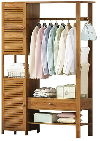 WAOHO Garderobenständer aus Bambus，Bambus Halboffener Kleiderständer，Kleideraufbewahrung mit Kleiderstange， Mit 2 Schränken, Stauraum，freistehende Garderobenständer 165X100X30CM (Braun)