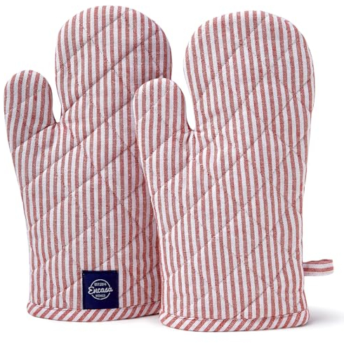 Encasa XO Long 18x30 cm Oven Microwave Hand Gloves Mitts (2 pc set) for Kitchen Cooking & Baking - Heat Resistant, Thick & Safe, Protection of Hands from Hot Utensils, Grill - Ticking Red