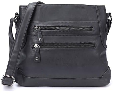 irisaa Schultertasche Damen Handtasche, Medium Umhängetasche praktische Henkeltasche mit vielen Fächern, Vintage Look mit Reißverschluss, DKB Farbe:Schwarz