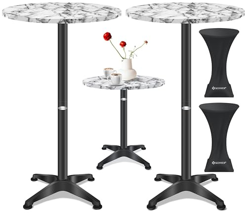 KESSER® Mesa Alta Plegable Bistró | Placa de Acero Inoxidable recubierta de Polvo | Patas Ajustables en Altura | Conjunto de 2 mesas de Fiesta Ø 60 cm | Interior y Exterior de mármol