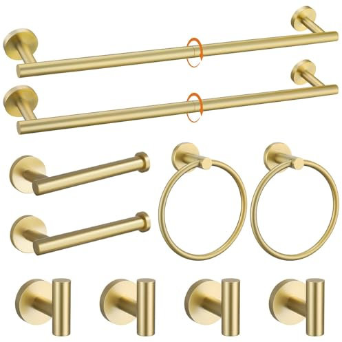 Brushed Gold Towel Bar Set 10 Pieces Bathroom Hardware Accessories Set Towel Rack Set for Bathroom SUS304 Stainless Steel Toilet Paper Holder Wall Mounted, 23.6 Inch