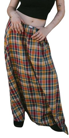 Faldas largas a cuadros para mujer, cintura alta, acampanadas, de verano, a cuadros, holgadas, estilo Y2K Streetwear, amarillo, 36