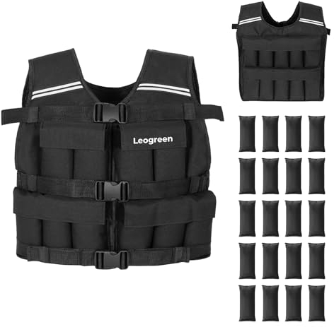 Leogreen Gewichtsweste 10kg/20kg, Verstellbare Trainingsweste mit 20 Herausnehmbare Gewichtspackungen, Reflektierenden Streifen, Weight Vest Damen & Herren für Laufen, Krafttraining (Schwarz, 20kg)