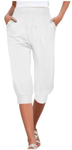 Capri Sporthose Damen Knielang Jogginghose 3/4 mit Einen Elastischen Bund Freizeit Jogpants Dünne Laufhose Luftige Travel Outfit Leicht Cargohose Hohe Taille Mädchen Kletterhose Weiß,L