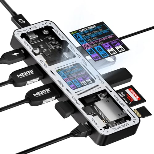 DOCKCASE Hub USB C inteligente 10 en 1 Pro, HDMI dual 2.1 y 2.0 4K a 60Hz, PD 3.0 100w, RJ45 Ethernet, 2 USB 3.2 10Gbps, 2 USB 2.0, lector de tarjetas UHS-II SD/TF, base USB C para MacBook Pro/Air,